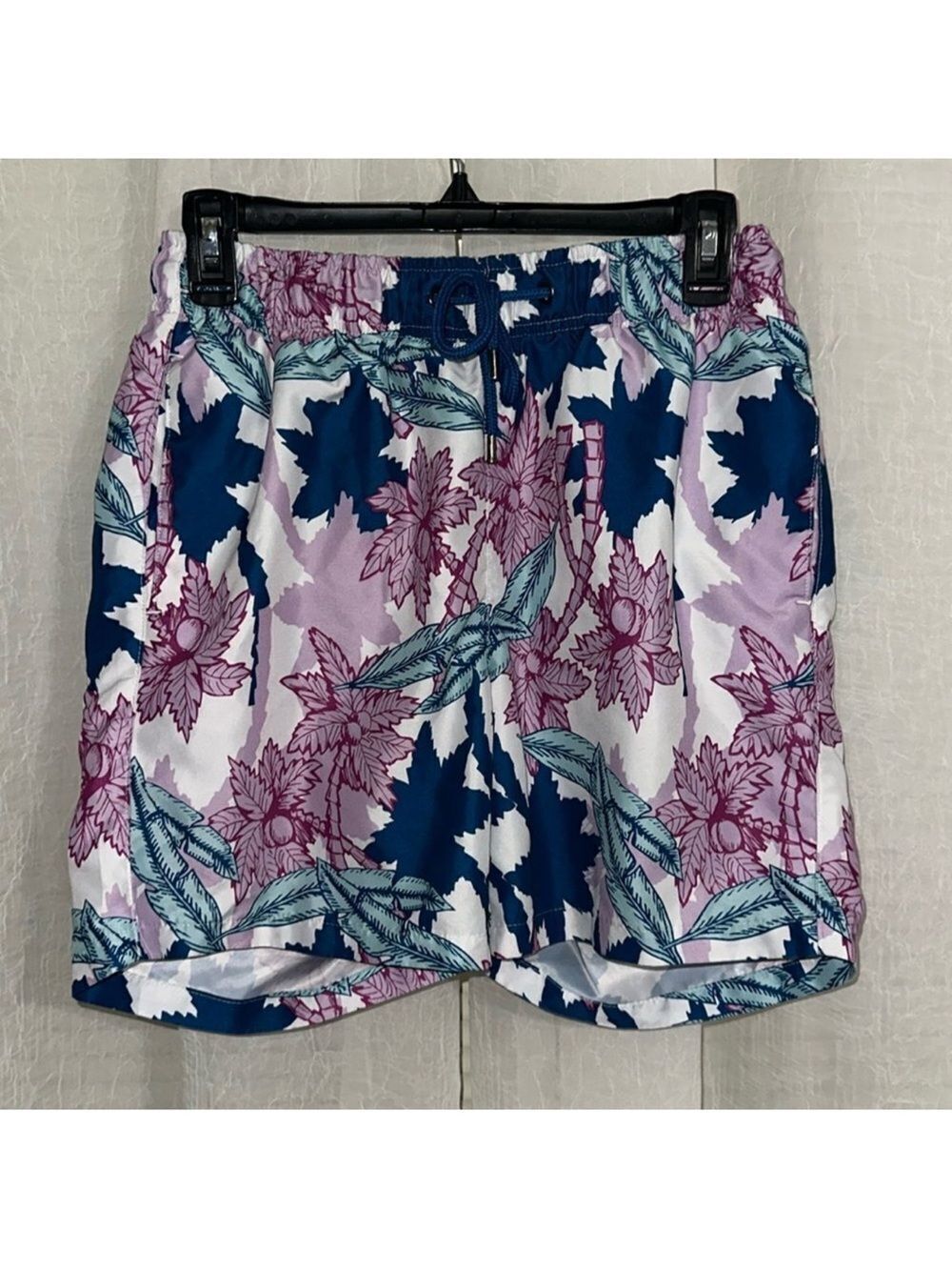 Ike Behar S White Navy Light Blue Pink Tidal Palm Tropical Swim Trunks